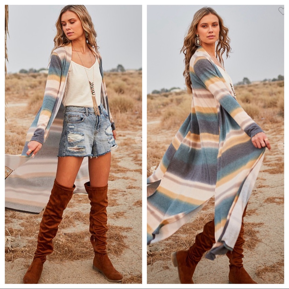 37 Boho Chic Ombré Striped Long Open Cardigan - Picture 2 of 4